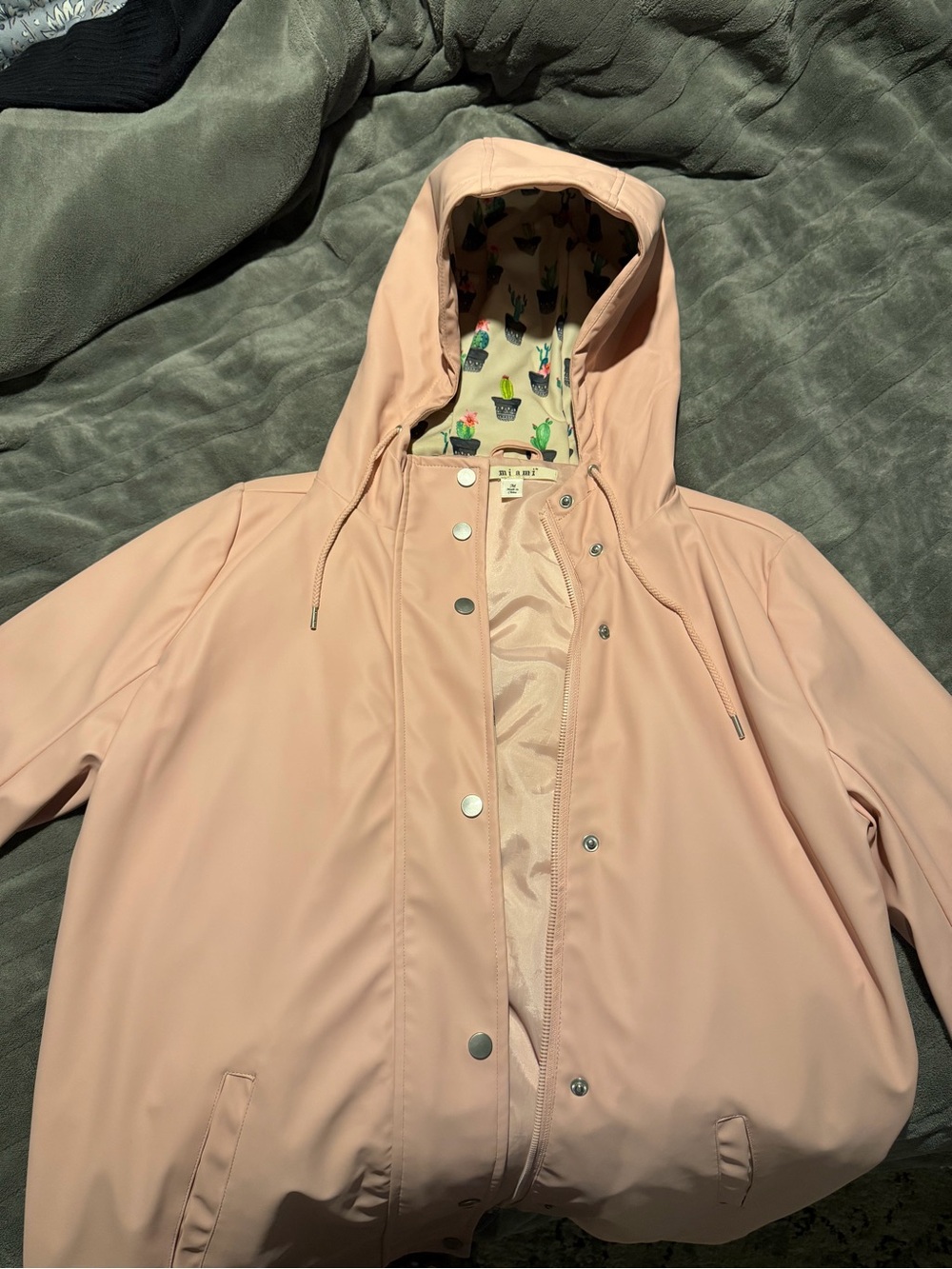 miami Blush Pink Hooded Rain Jacket with Cactus-Print Lining